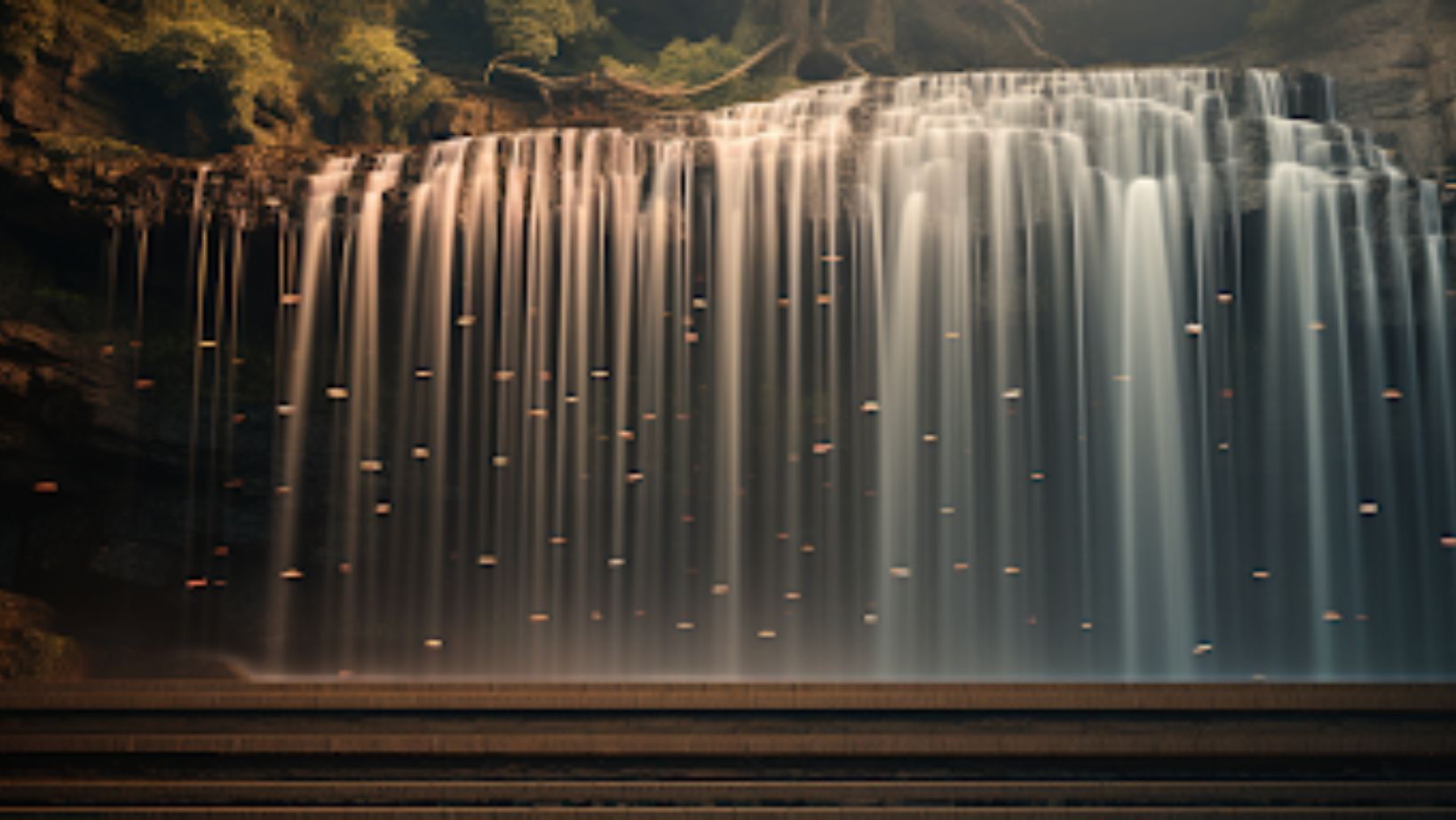 A large waterfall set on a rocky cliff represents the flowing nature of a waterfall chart